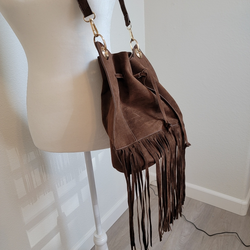 Boho Brown Faux Leather Crossbody Handbag Eith Fringe - Picture 4 of 6